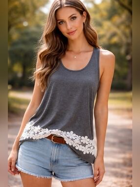 Charcoal Gray Floral-Trim Tank Top - Womens